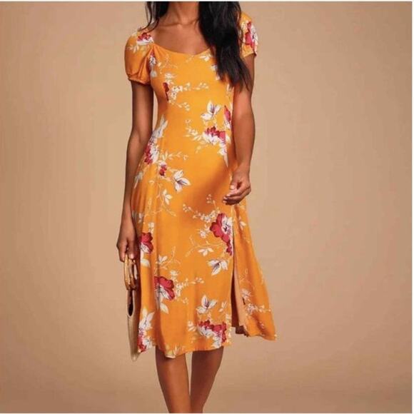 Lulus M Yellow Midi Dress Floral Front Slit Back Zip Feminine Quaint Puffed Chic - Picture 3 of 8